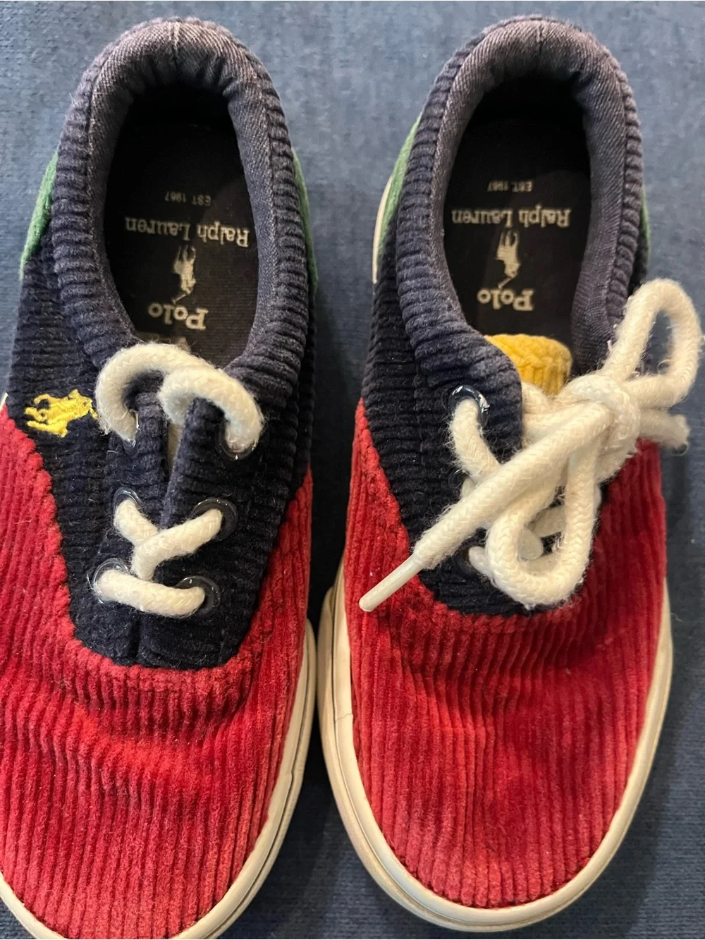 Ralph Lauren Kids Corduroy Sneakers in Red, Navy & Green with Yellow Pony